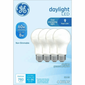 GE LED Light Bulbs, 60 Watt, Daylight, A19 Bulbs, Medium Base, Frosted Finish, 9yr, 4pk