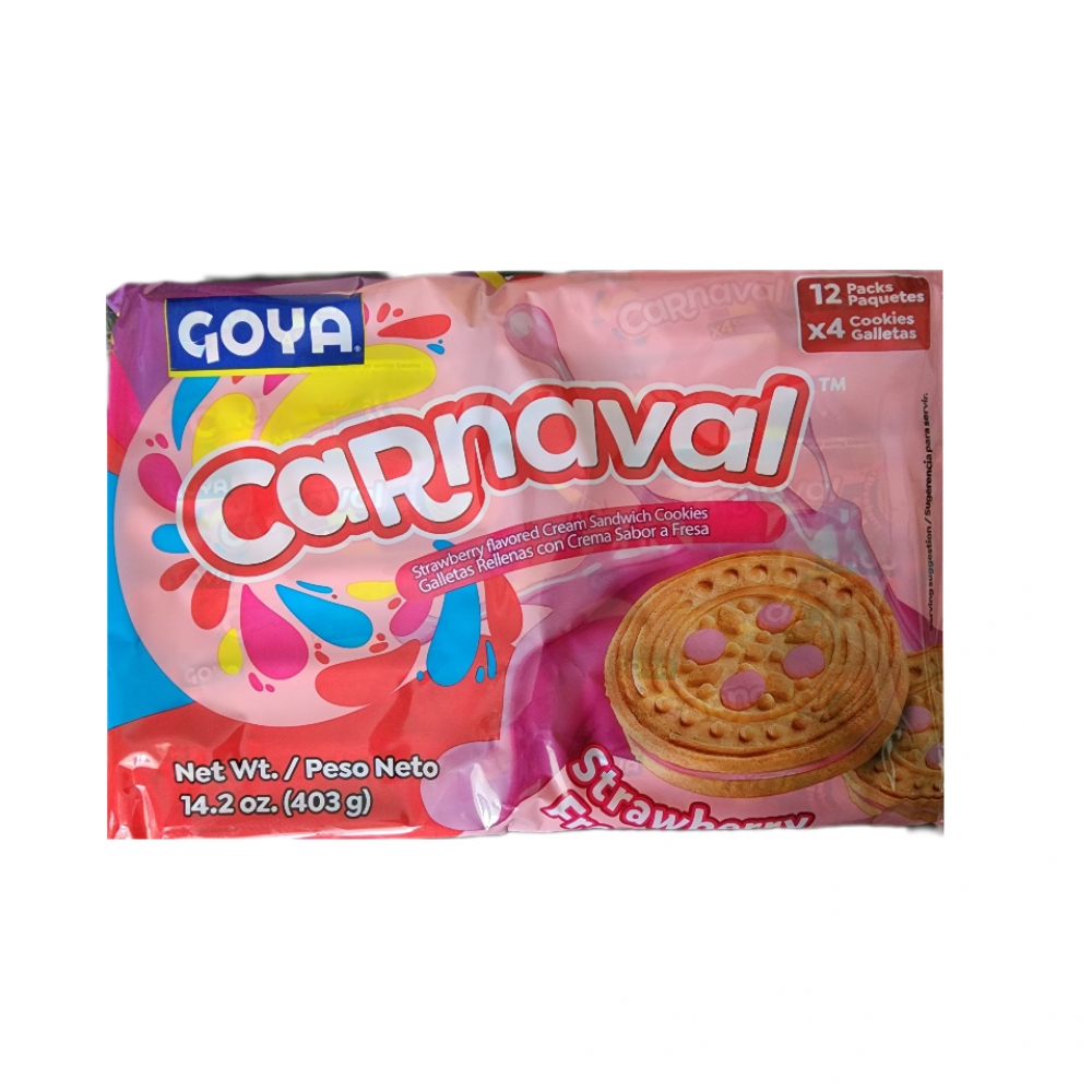 Galletas GOYA CARNAVAL 403g (12u, rellenas con crema fresa)